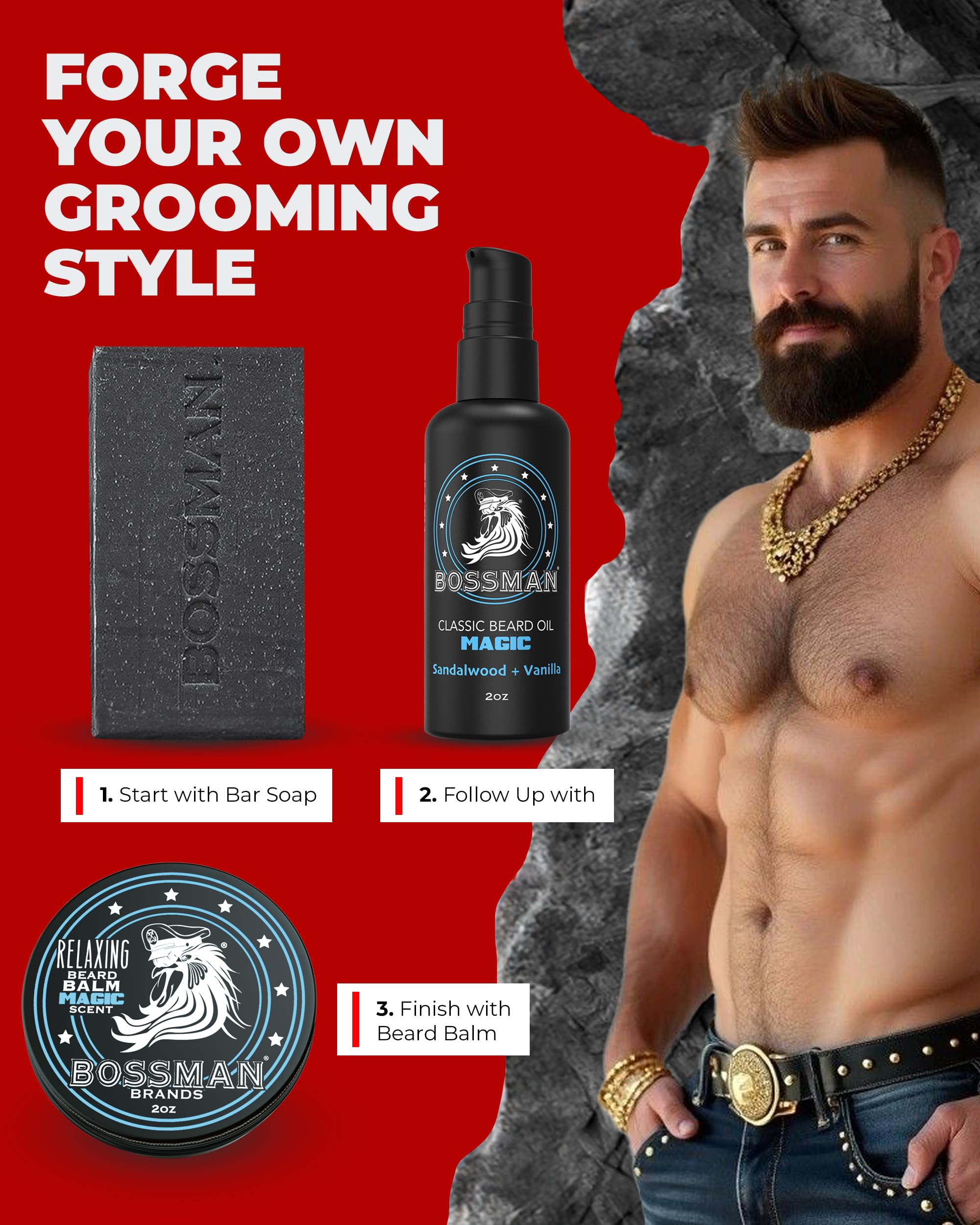 Bossman Starter Beard Kit for Men – Beard Oil (2 oz), Beard Balm & Bar Soap | Made in USA