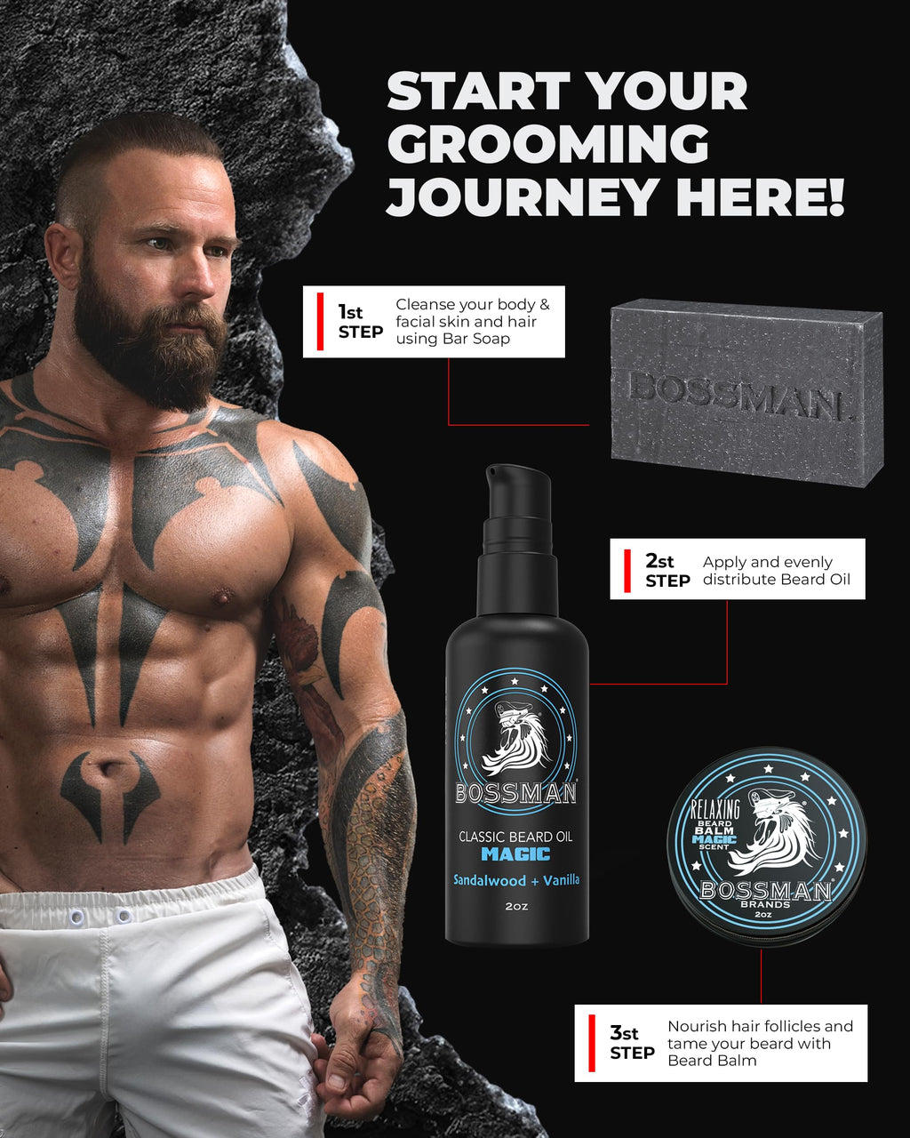 Bossman Starter Beard Kit for Men – Beard Oil (2 oz), Beard Balm & Bar Soap | Made in USA