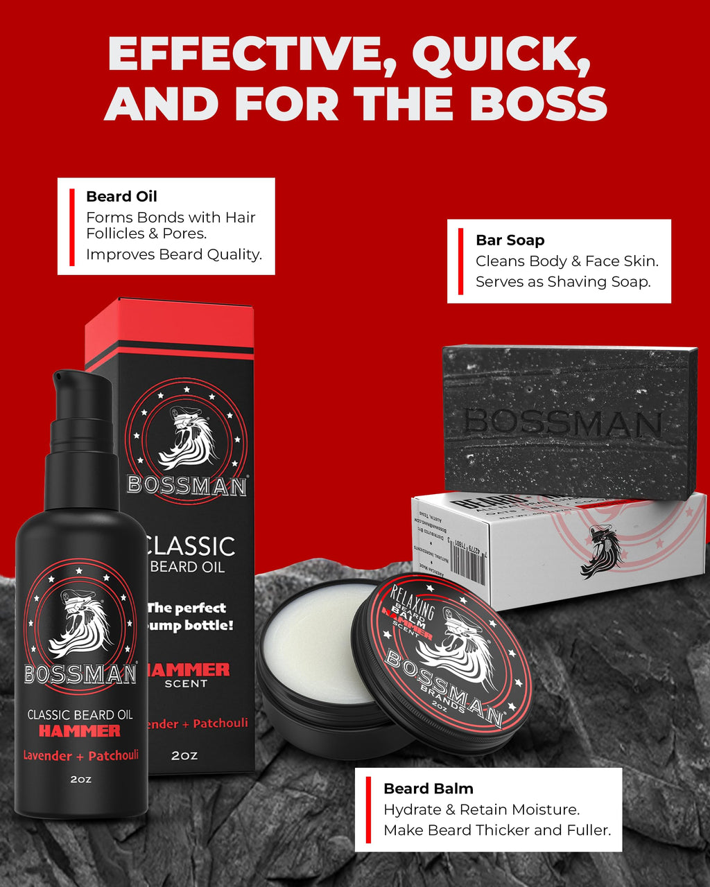 Bossman Starter Beard Kit – Beard Oil, Balm & Soap, Hammer Scent – Made in USA