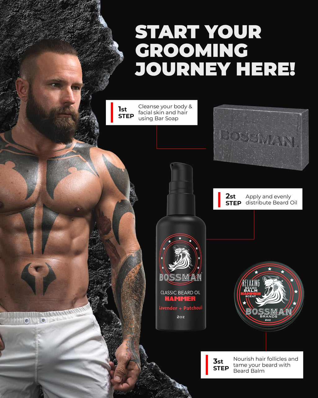 Bossman Starter Beard Kit – Beard Oil, Balm & Soap, Hammer Scent – Made in USA