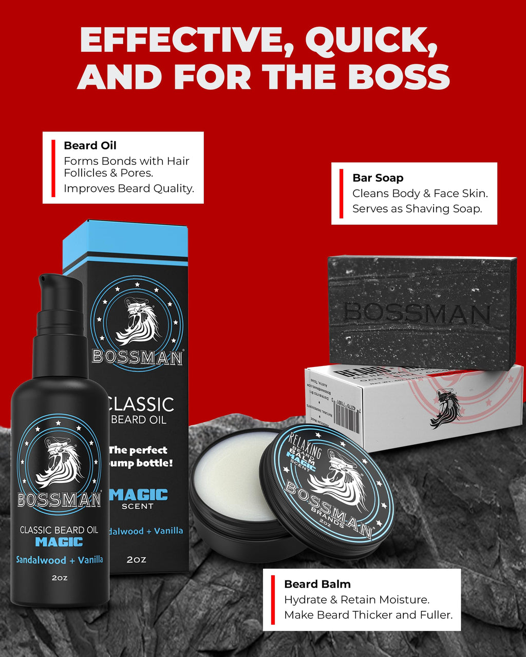 Bossman Starter Beard Kit for Men – Beard Oil (2 oz), Beard Balm & Bar Soap | Made in USA