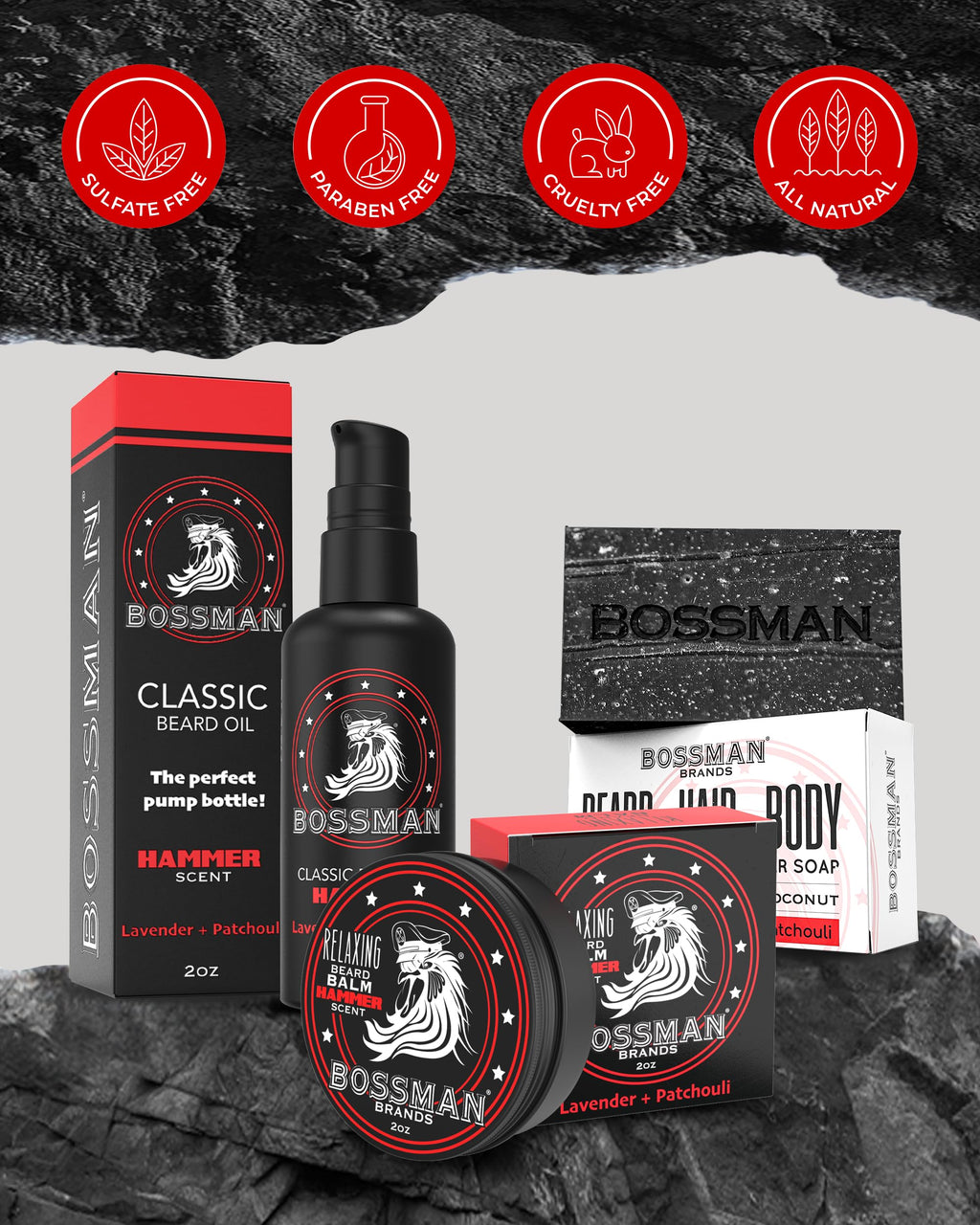 Bossman Starter Beard Kit – Beard Oil, Balm & Soap, Hammer Scent – Made in USA