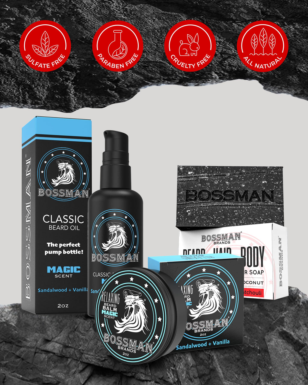 Bossman Starter Beard Kit for Men – Beard Oil (2 oz), Beard Balm & Bar Soap | Made in USA