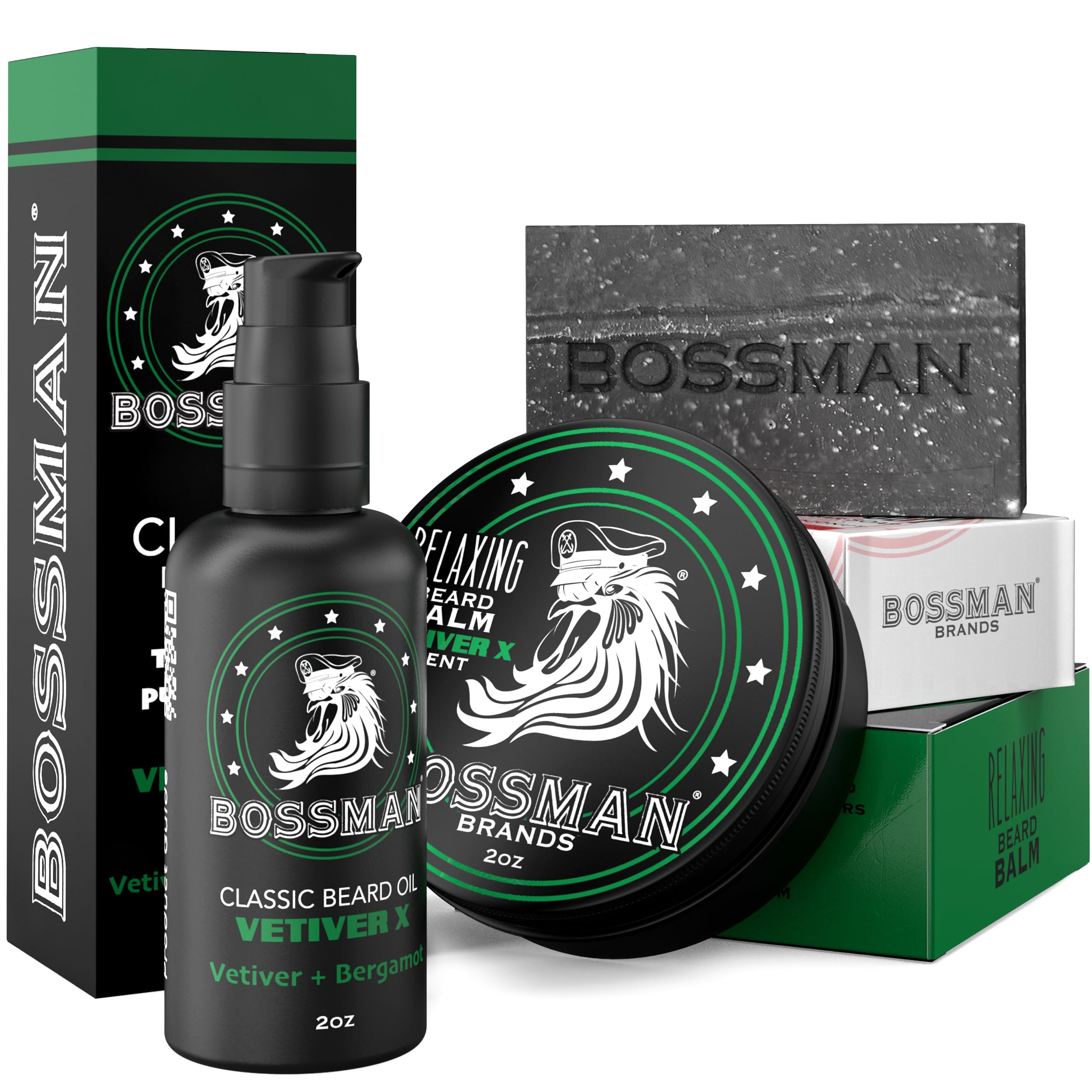 Bossman Starter Beard Kit for Men – Beard Oil, Balm & Organic Soap (Vetiver X) – Made in USA