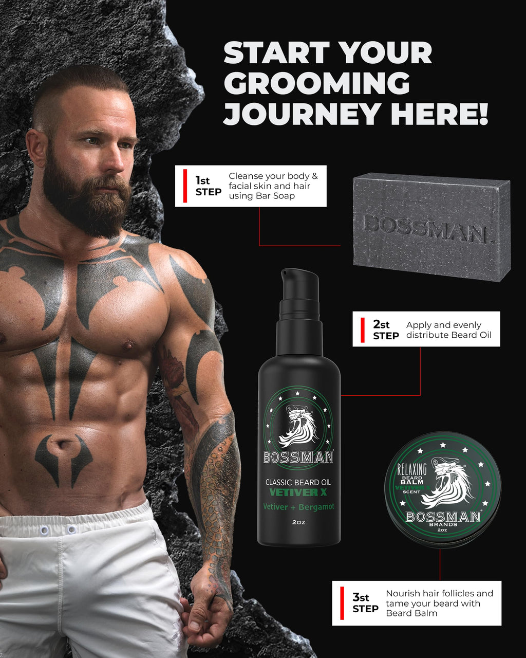 Bossman Starter Beard Kit for Men – Beard Oil, Balm & Organic Soap (Vetiver X) – Made in USA