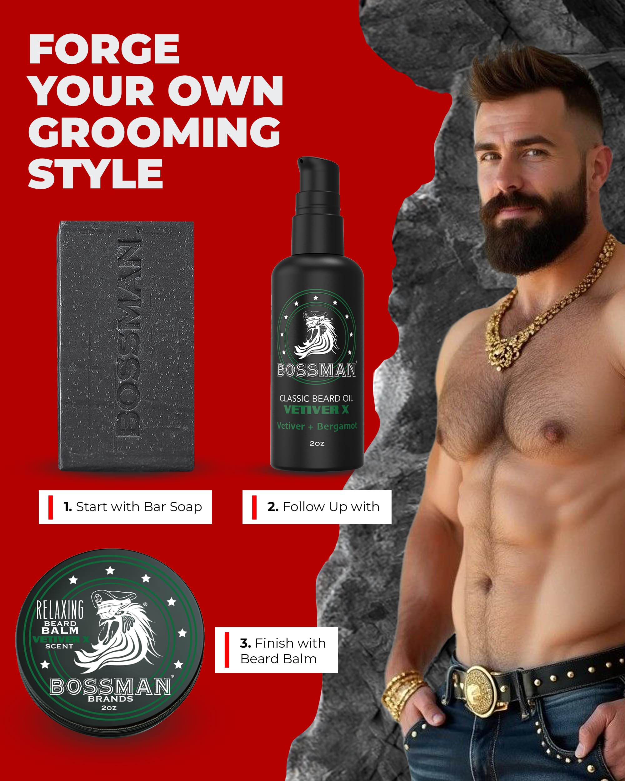 Bossman Starter Beard Kit for Men – Beard Oil, Balm & Organic Soap (Vetiver X) – Made in USA
