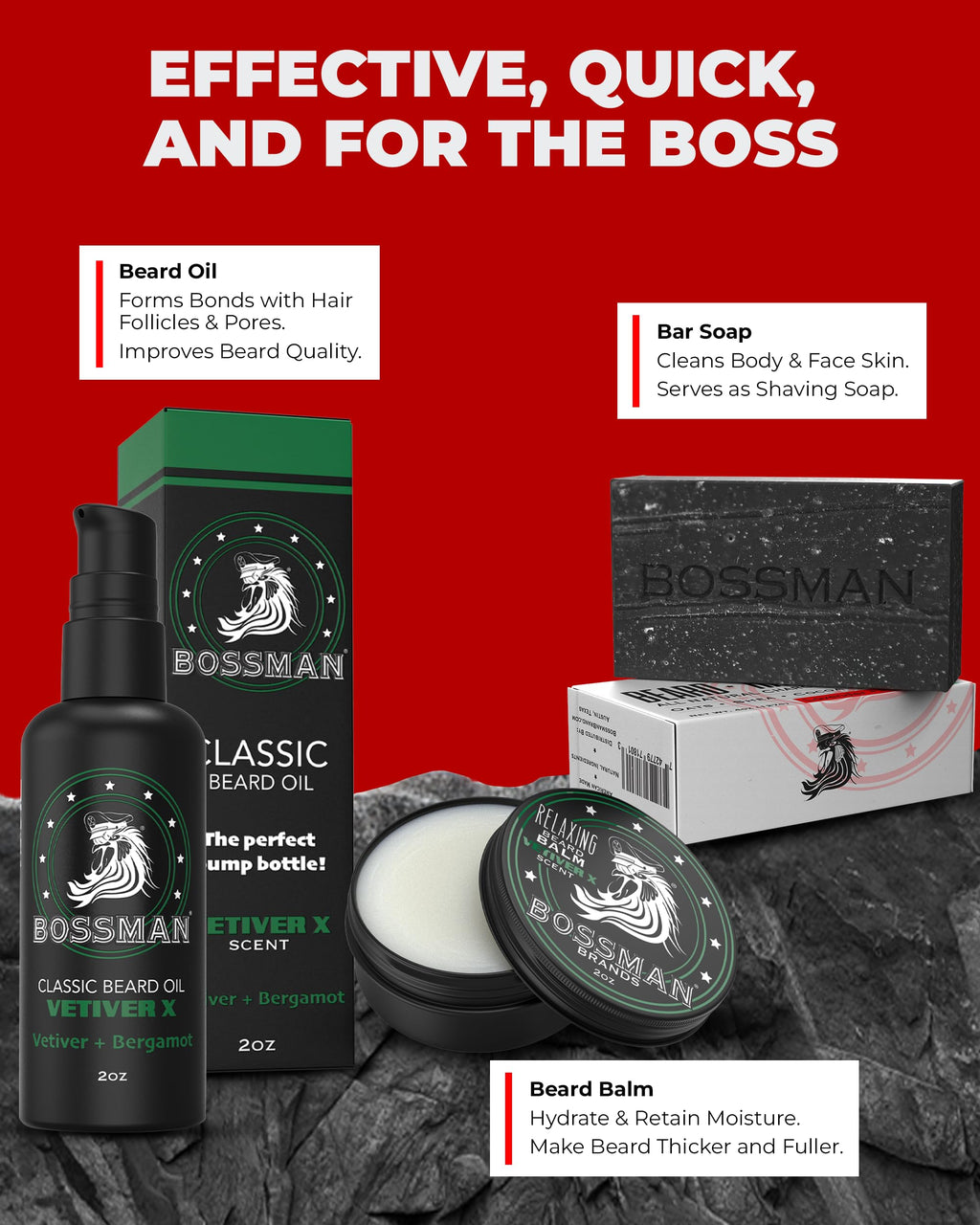 Bossman Starter Beard Kit for Men – Beard Oil, Balm & Organic Soap (Vetiver X) – Made in USA