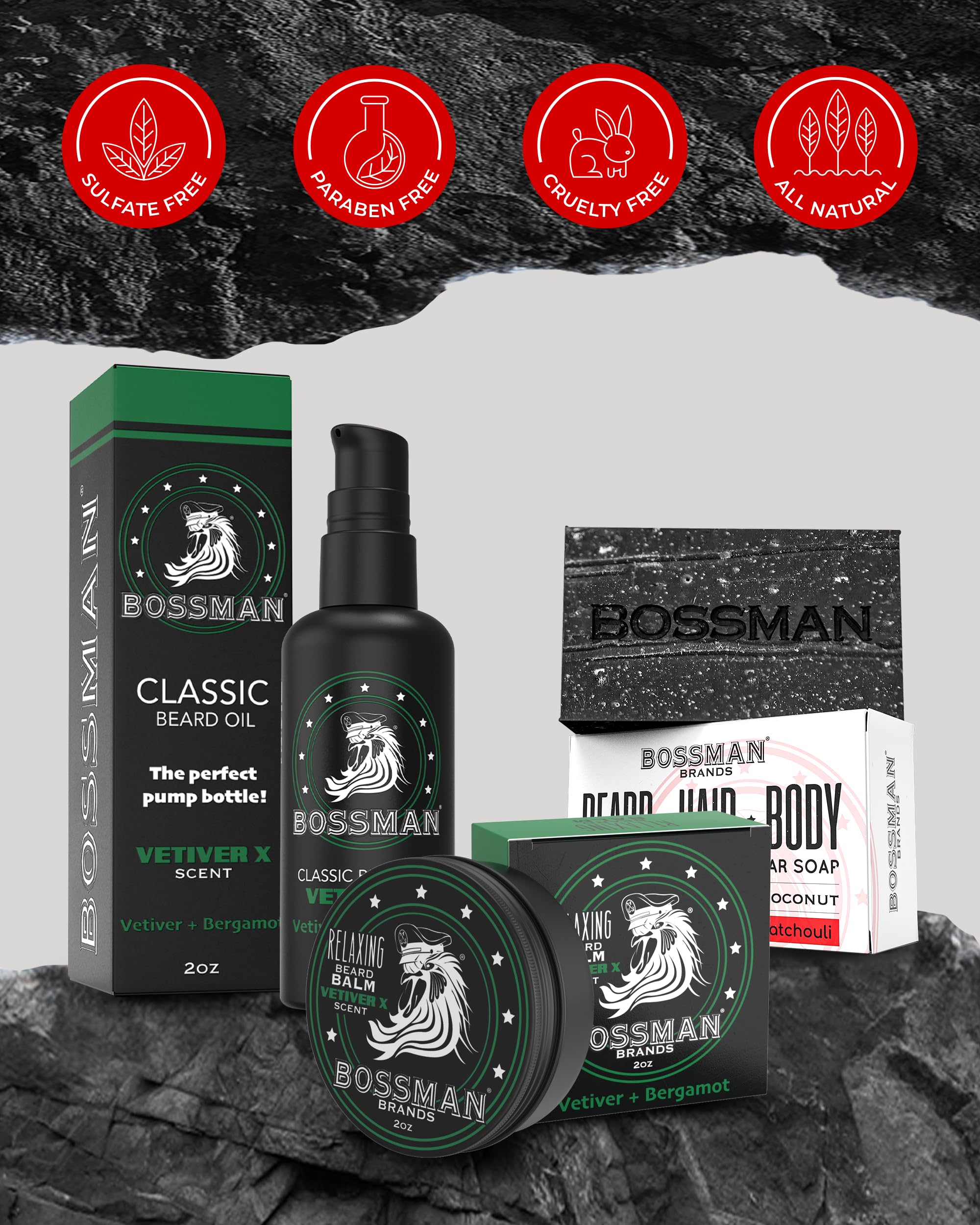 Bossman Starter Beard Kit for Men – Beard Oil, Balm & Organic Soap (Vetiver X) – Made in USA