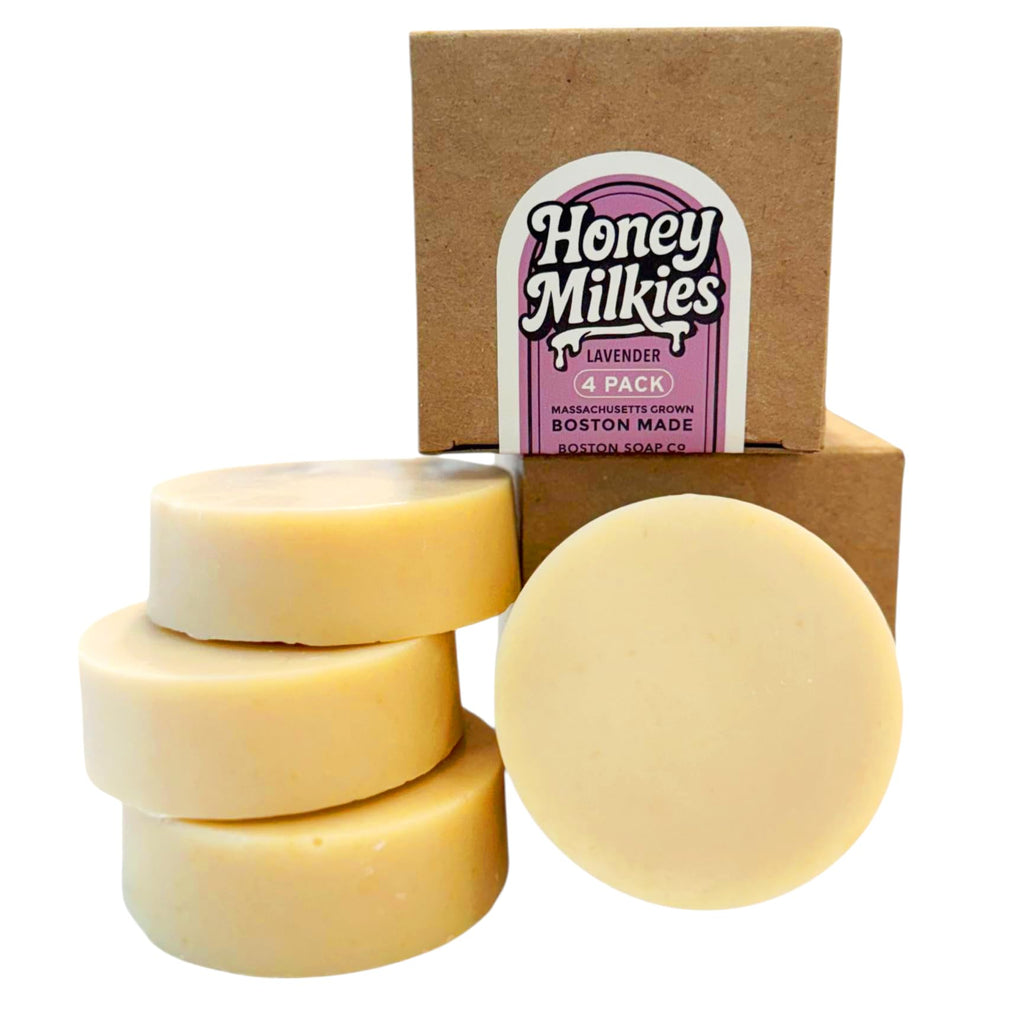 Boston Soap Co Goat Milk Soap with Tallow – Lavender Honey Milkies 4-Pack (3.3oz Bars) | Cold Process, Handmade in Boston