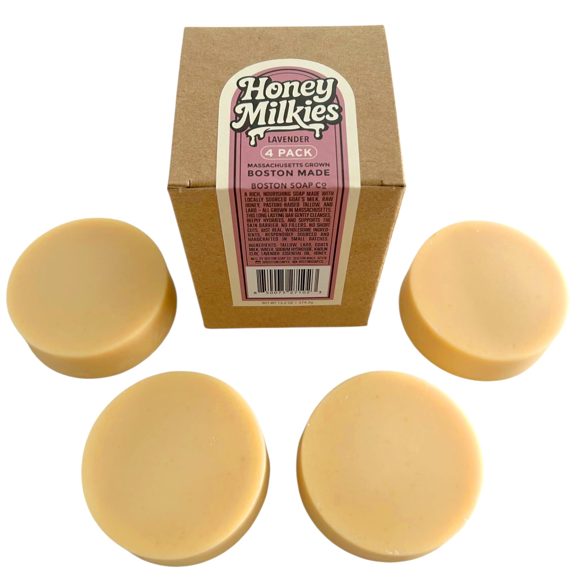 Boston Soap Co Goat Milk Soap with Tallow – Lavender Honey Milkies 4-Pack (3.3oz Bars) | Cold Process, Handmade in Boston