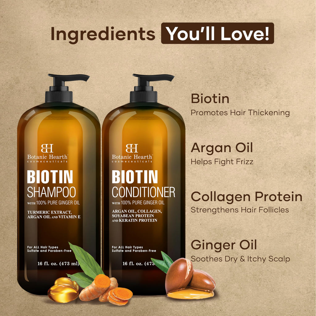 Botanic Hearth Biotin Shampoo & Conditioner Set – Ginger Oil, Keratin, Sulfate Free, 16 fl oz Each