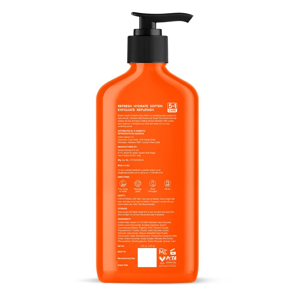 Botanic Hearth Cinnamon Body Wash – 16 oz | 5-in-1 Hydrating Cleanser with Cinnamon Extract | Sulfate & Paraben Free