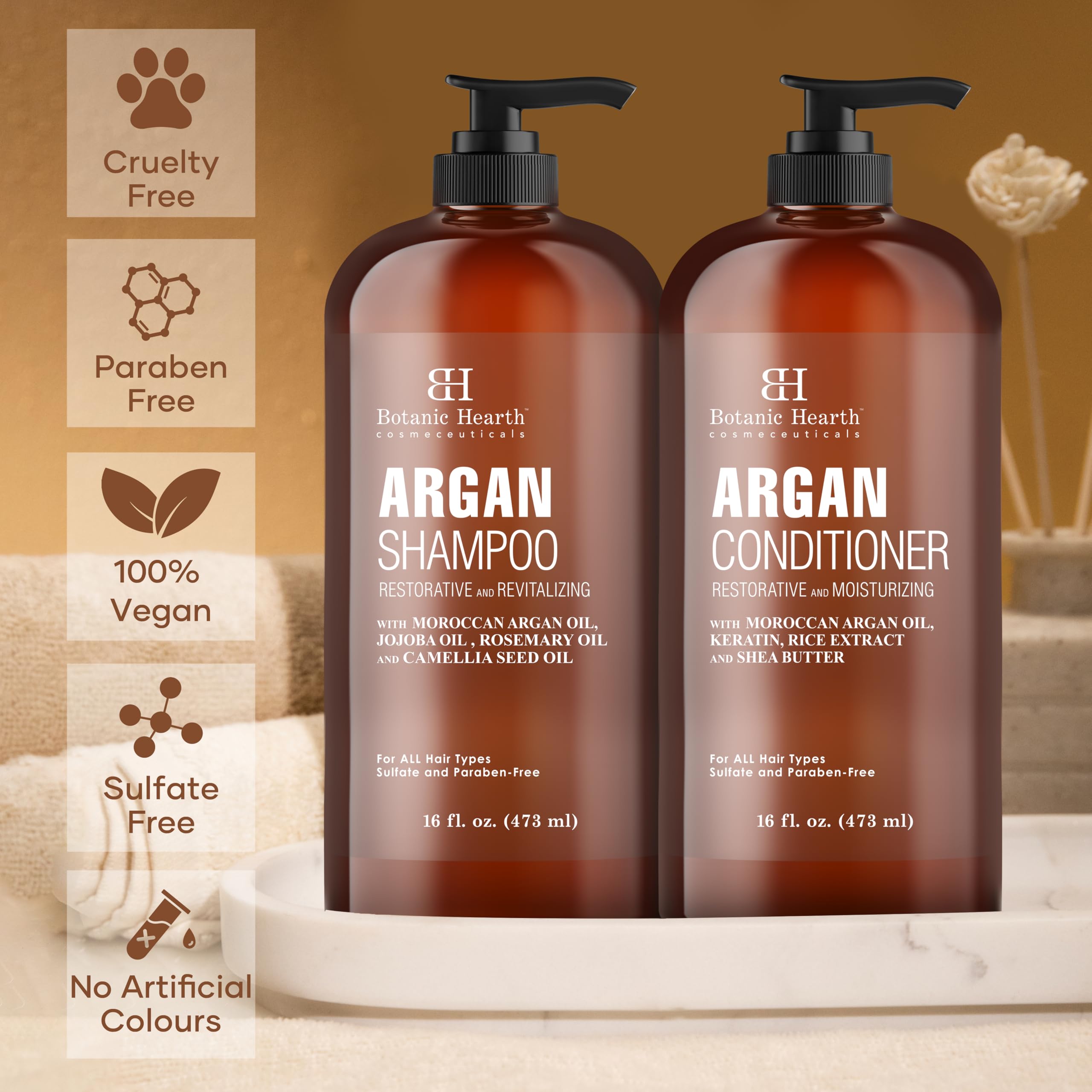 Botanic Hearth Argan Oil Shampoo & Conditioner Set – 16 oz Each, Sulfate Free