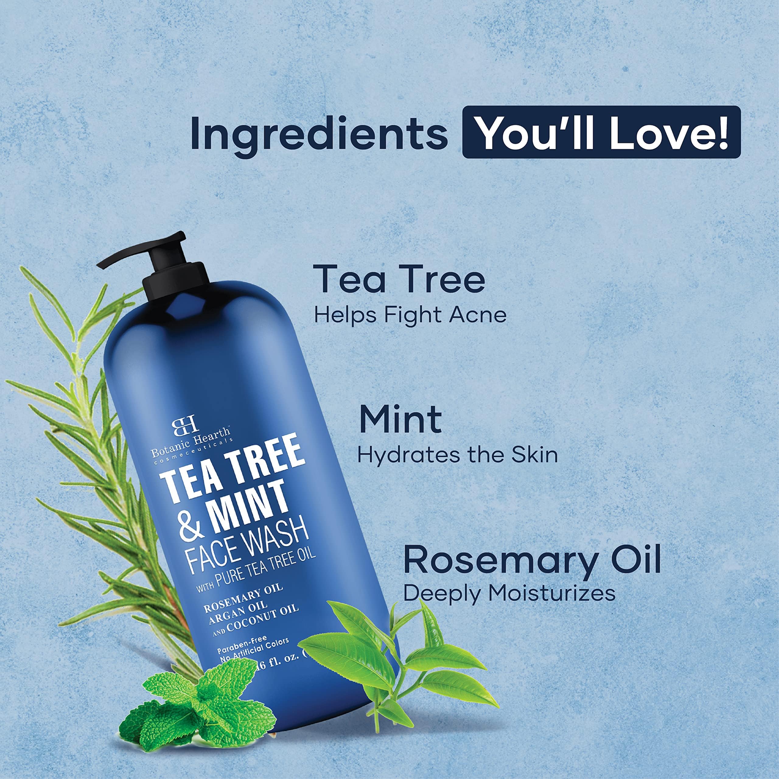 Botanic Hearth Tea Tree Face Wash with Mint – Hydrating Acne-Fighting Soap, 16 oz