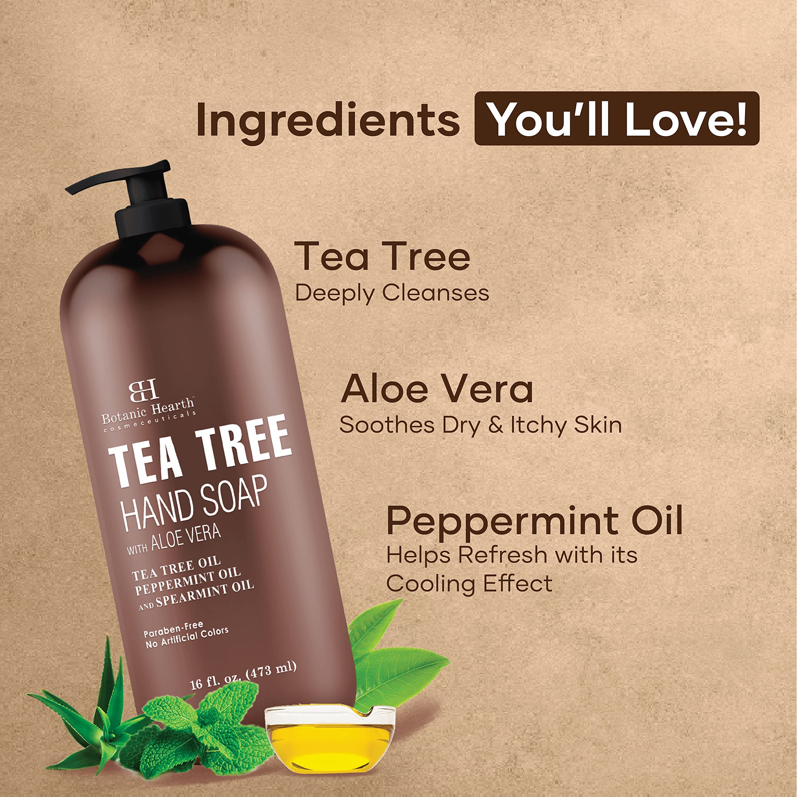Botanic Hearth Tea Tree Liquid Hand Soap | Sulfate-Free Formula | Aloe Vera & Tea Tree Oil | 16 Fl Oz