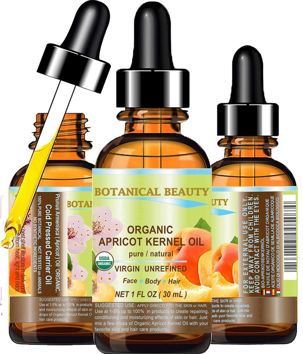 Botanical Beauty Organic Apricot Kernel Oil – Pure Virgin Cold-Pressed Carrier Oil 1 oz | For Face, Hair & Skin
