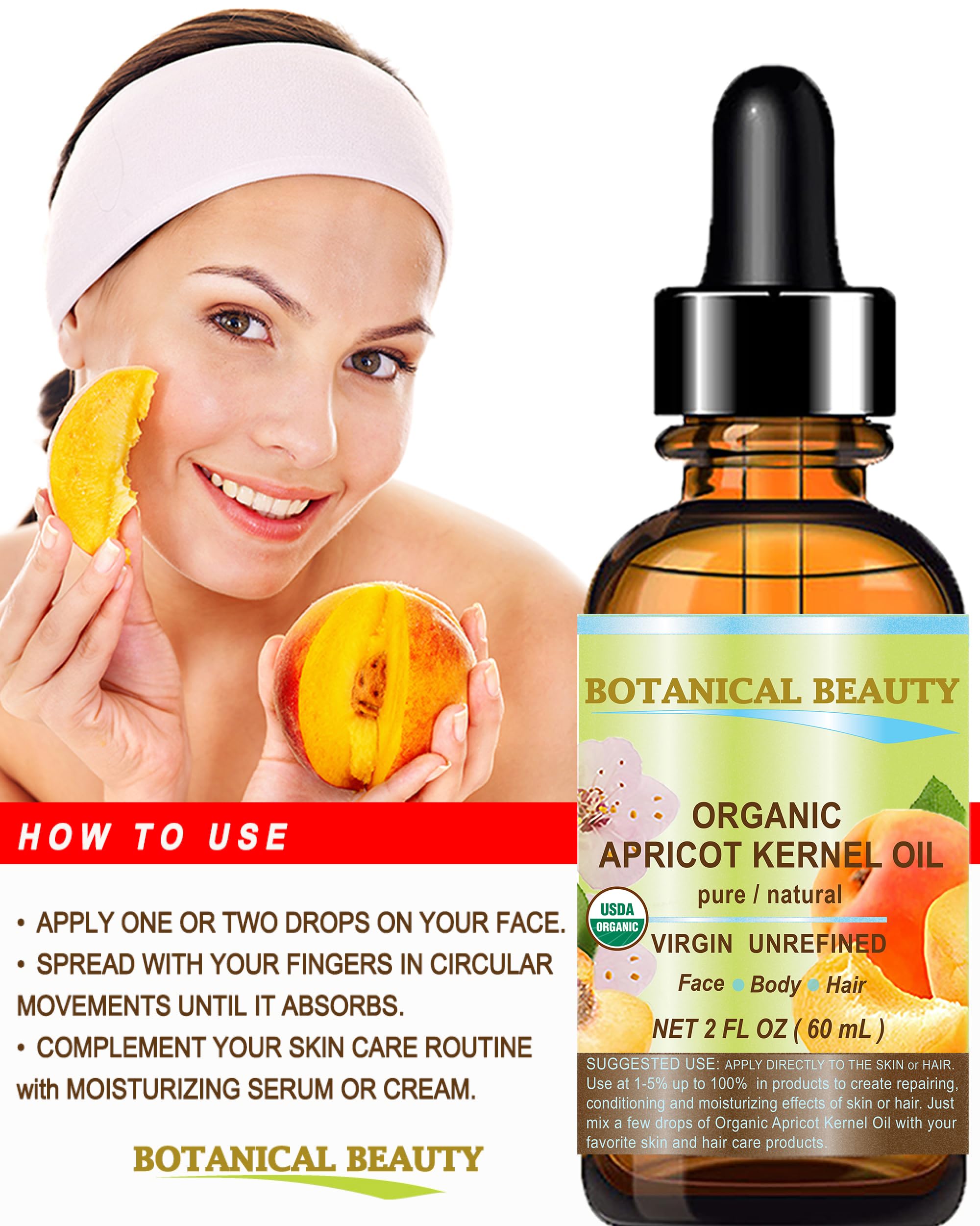 Botanical Beauty Organic Apricot Kernel Oil – Pure Virgin Cold-Pressed Carrier Oil 1 oz | For Face, Hair & Skin