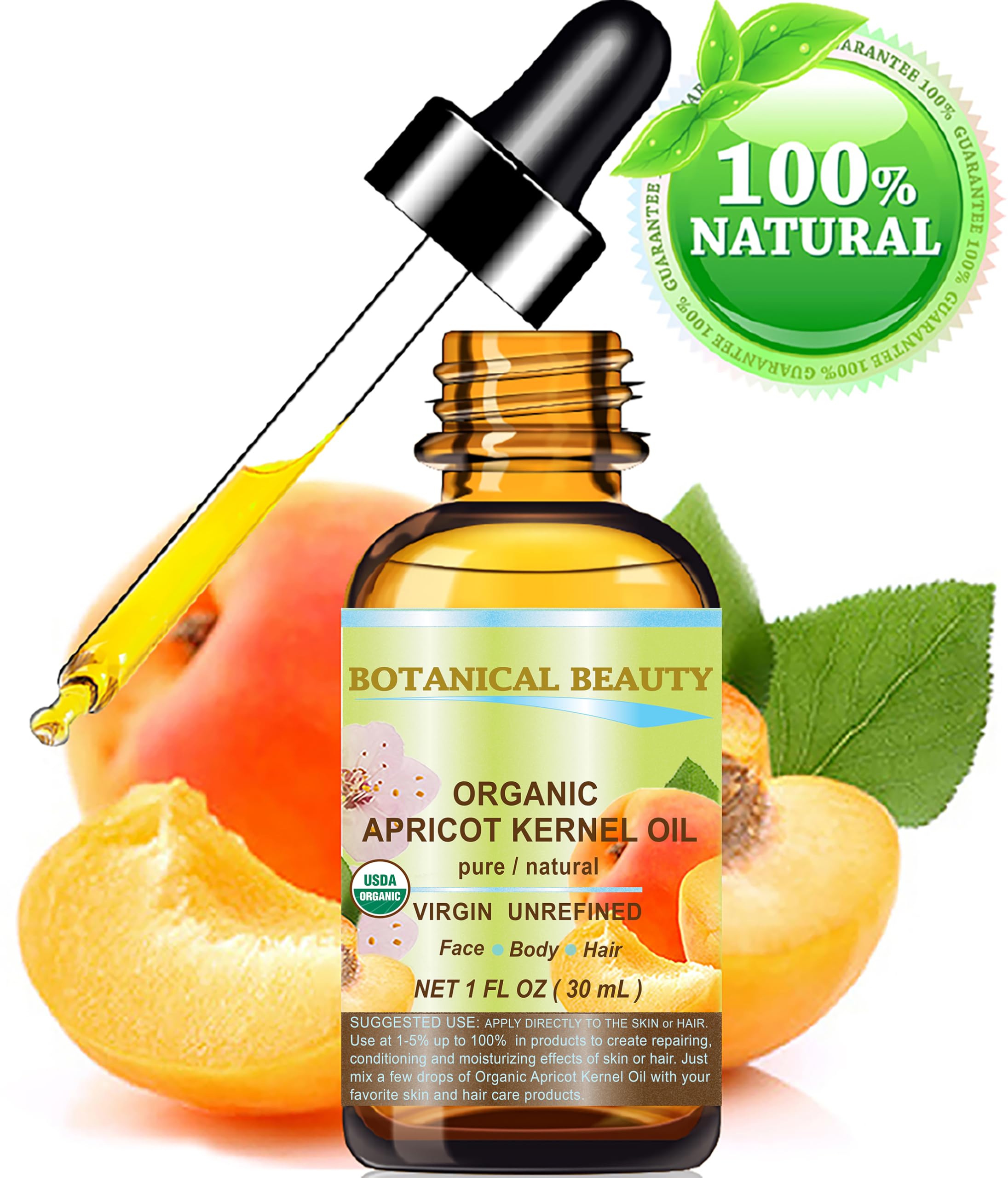 Botanical Beauty Organic Apricot Kernel Oil – Pure Virgin Cold-Pressed Carrier Oil 1 oz | For Face, Hair & Skin