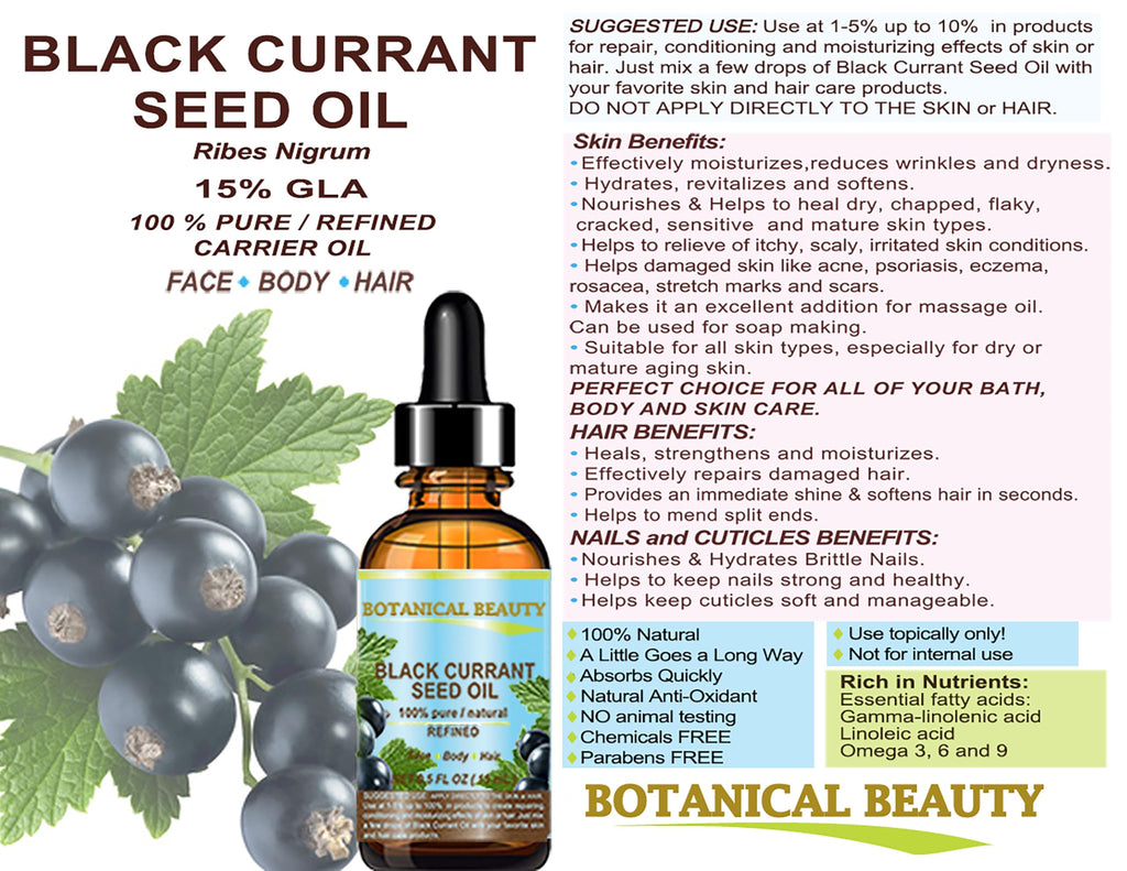Botanical Beauty Black Currant Seed Oil – 100% Pure, Cold-Pressed Carrier Oil for Skin, Hair, Lip & Nail Care (2 fl oz)
