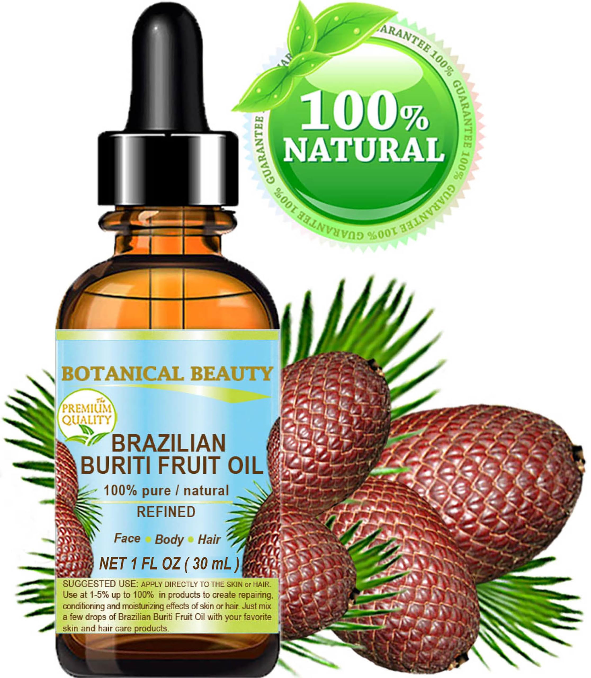 Botanical Beauty Brazilian Buriti Fruit Oil – 100% Pure, Refined, Cold-Pressed Carrier Oil, 1 Fl Oz