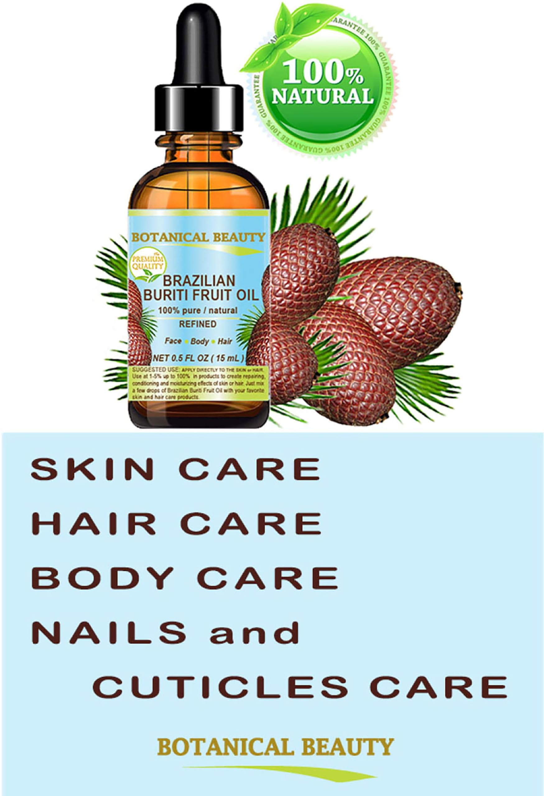 Botanical Beauty Brazilian Buriti Fruit Oil – 100% Pure, Refined, Cold-Pressed Carrier Oil, 1 Fl Oz