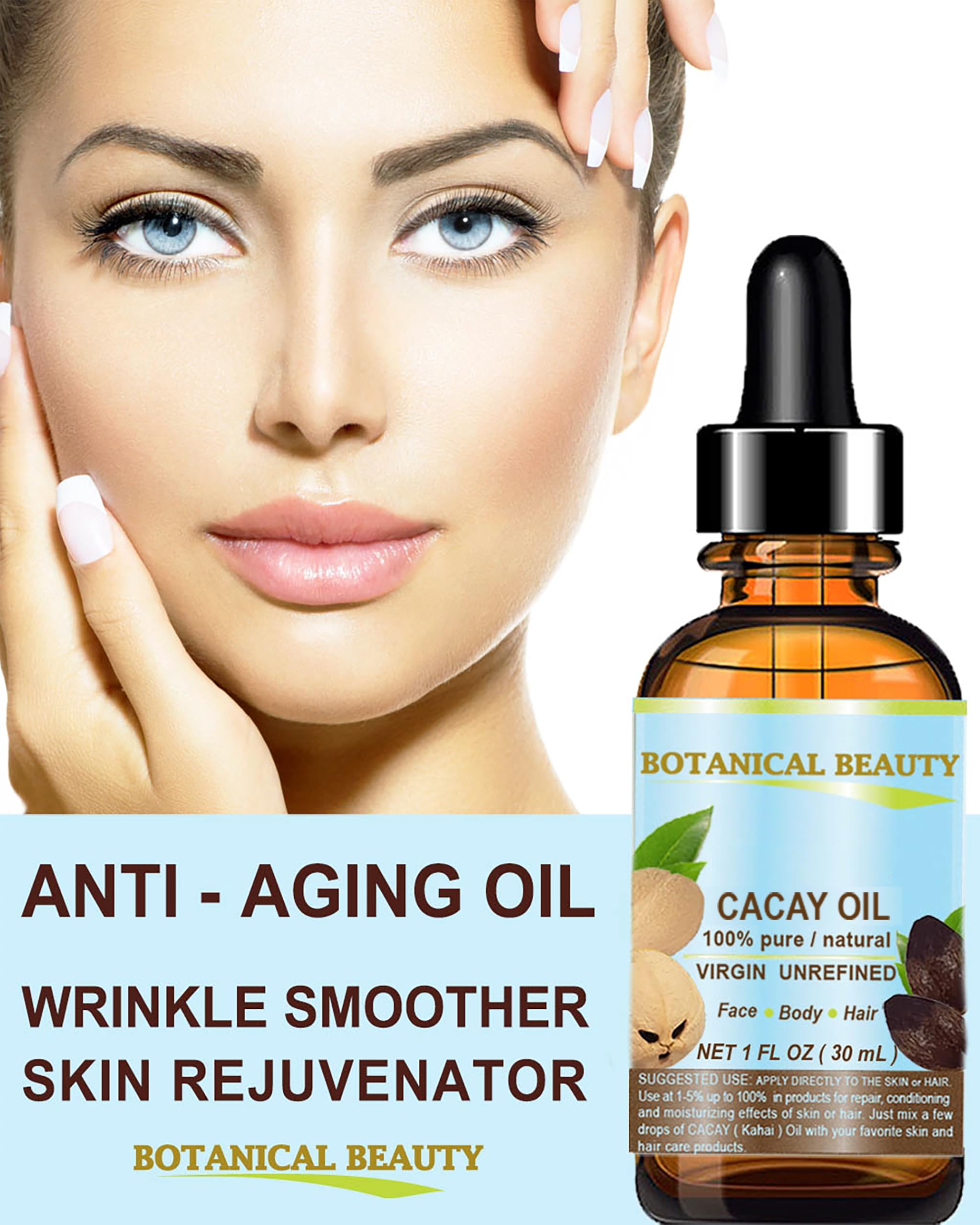 Botanical Beauty CACAY OIL 100% Pure Virgin Cold-Pressed Carrier Oil for Face, Skin, and Hair | Natural Retinol Vitamin A & E
