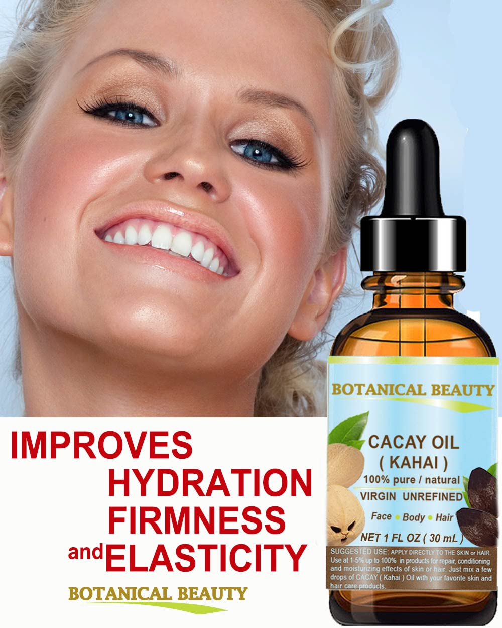 Botanical Beauty CACAY OIL 100% Pure – Anti-Aging Face & Hair Oil, Quick Absorption, 0.5 oz