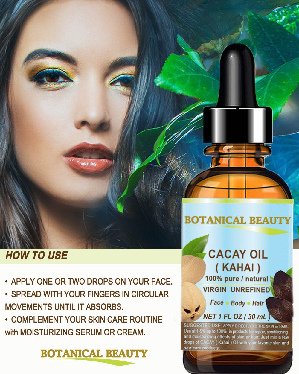 Botanical Beauty CACAY OIL 100% Pure – Anti-Aging Face & Hair Oil, Quick Absorption, 0.5 oz