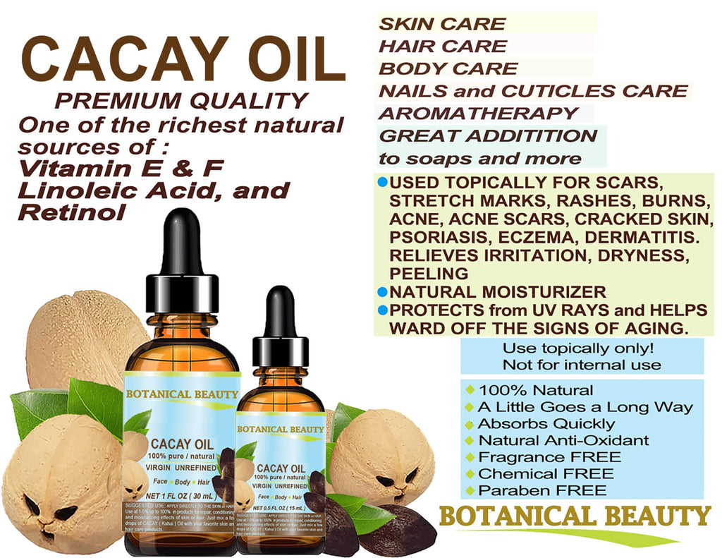 Botanical Beauty CACAY OIL 100% Pure Virgin Cold-Pressed Carrier Oil for Face, Skin, and Hair | Natural Retinol Vitamin A & E