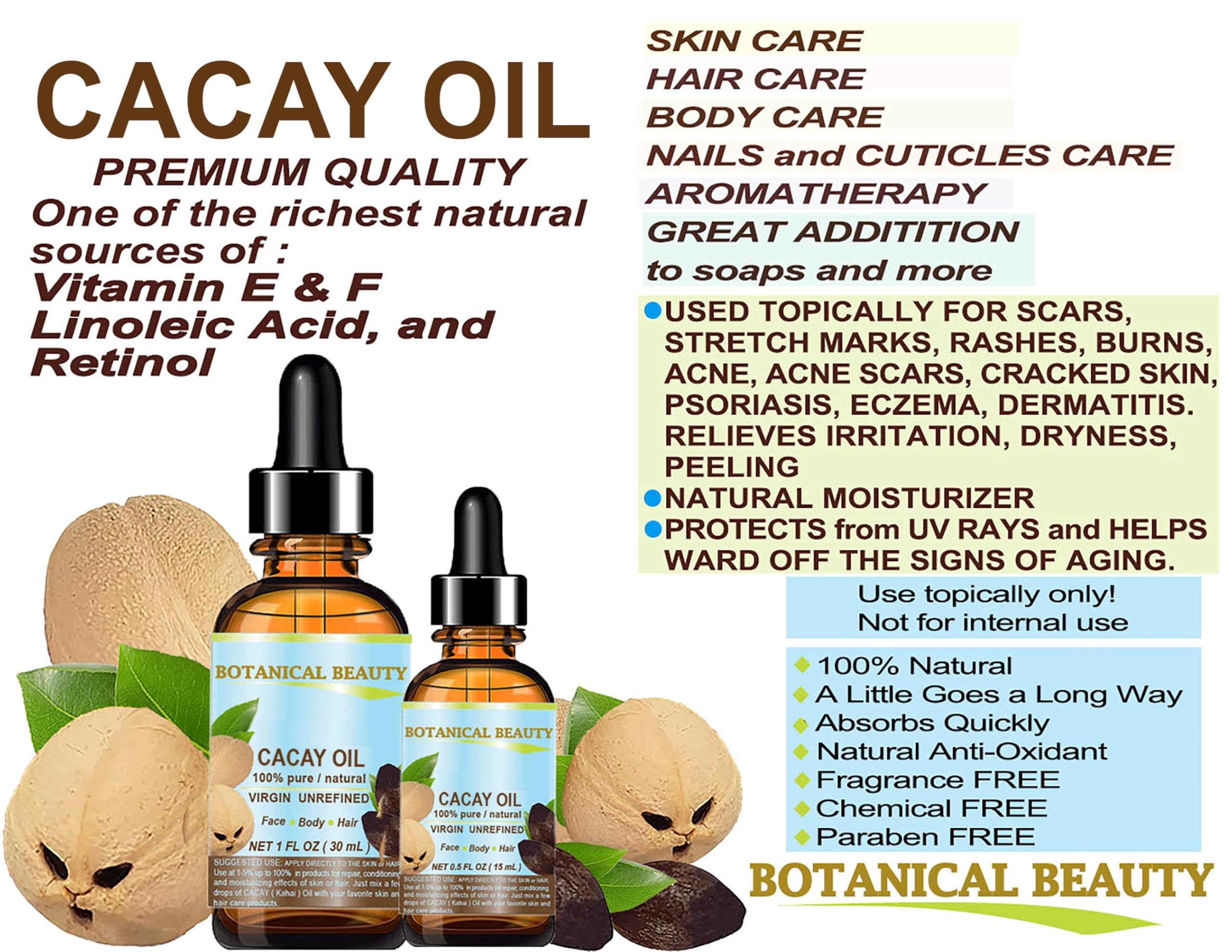 Botanical Beauty CACAY OIL 100% Pure Virgin Cold-Pressed Carrier Oil for Face, Skin, and Hair | Natural Retinol Vitamin A & E