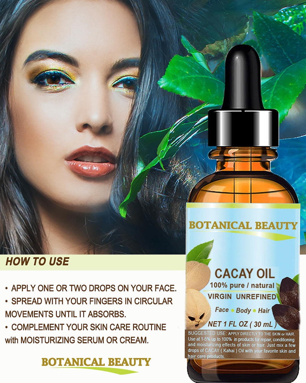 Botanical Beauty CACAY OIL 100% Pure Virgin Cold-Pressed Carrier Oil for Face, Skin, and Hair | Natural Retinol Vitamin A & E