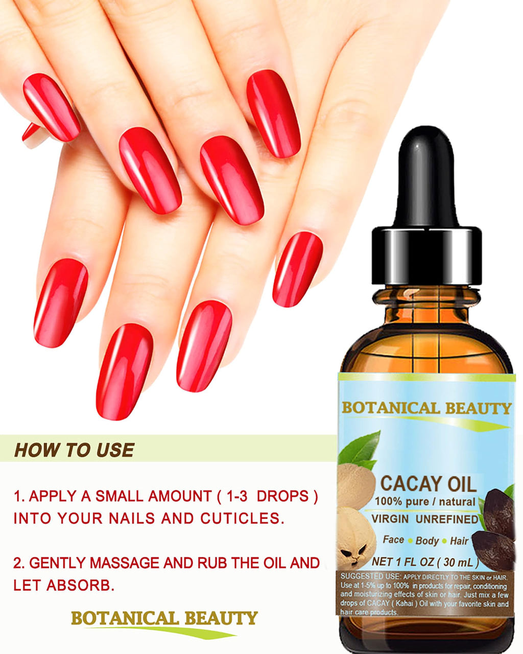 Botanical Beauty CACAY OIL 100% Pure Virgin Cold-Pressed Carrier Oil for Face, Skin, and Hair | Natural Retinol Vitamin A & E