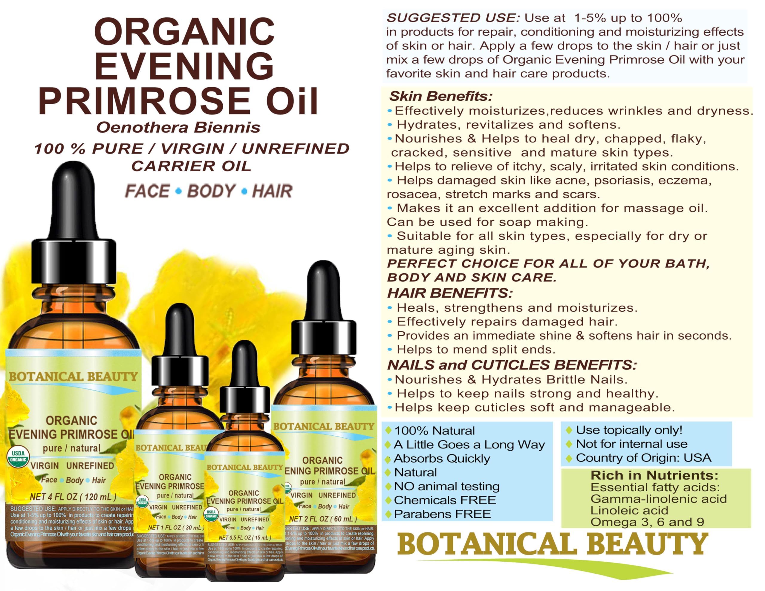 Botanical Beauty Evening Primrose Oil 100% Pure Organic Cold-Pressed Carrier Oil