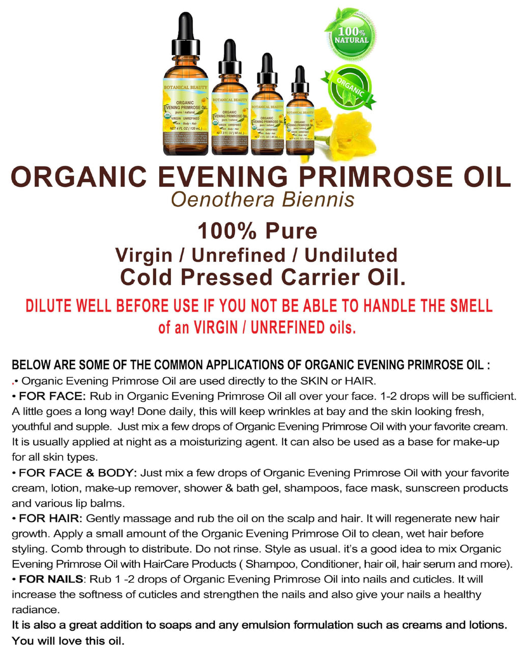 Botanical Beauty Evening Primrose Oil 100% Pure Organic Cold-Pressed Carrier Oil