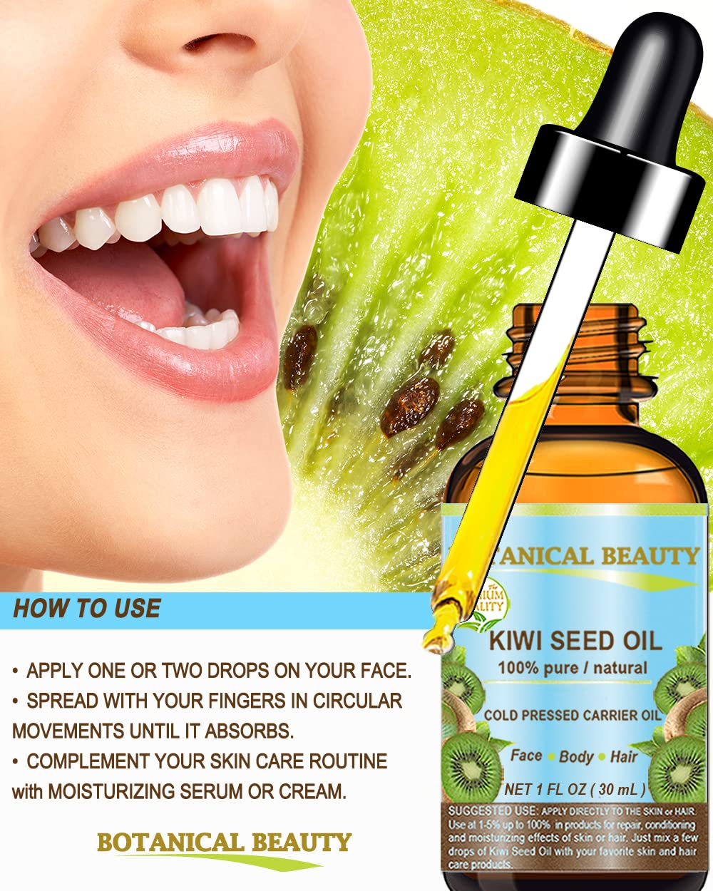 Botanical Beauty Kiwi Seed Oil – 100% Pure Cold-Pressed Carrier Oil for Face, Skin, Hair, Nails (0.5 oz)