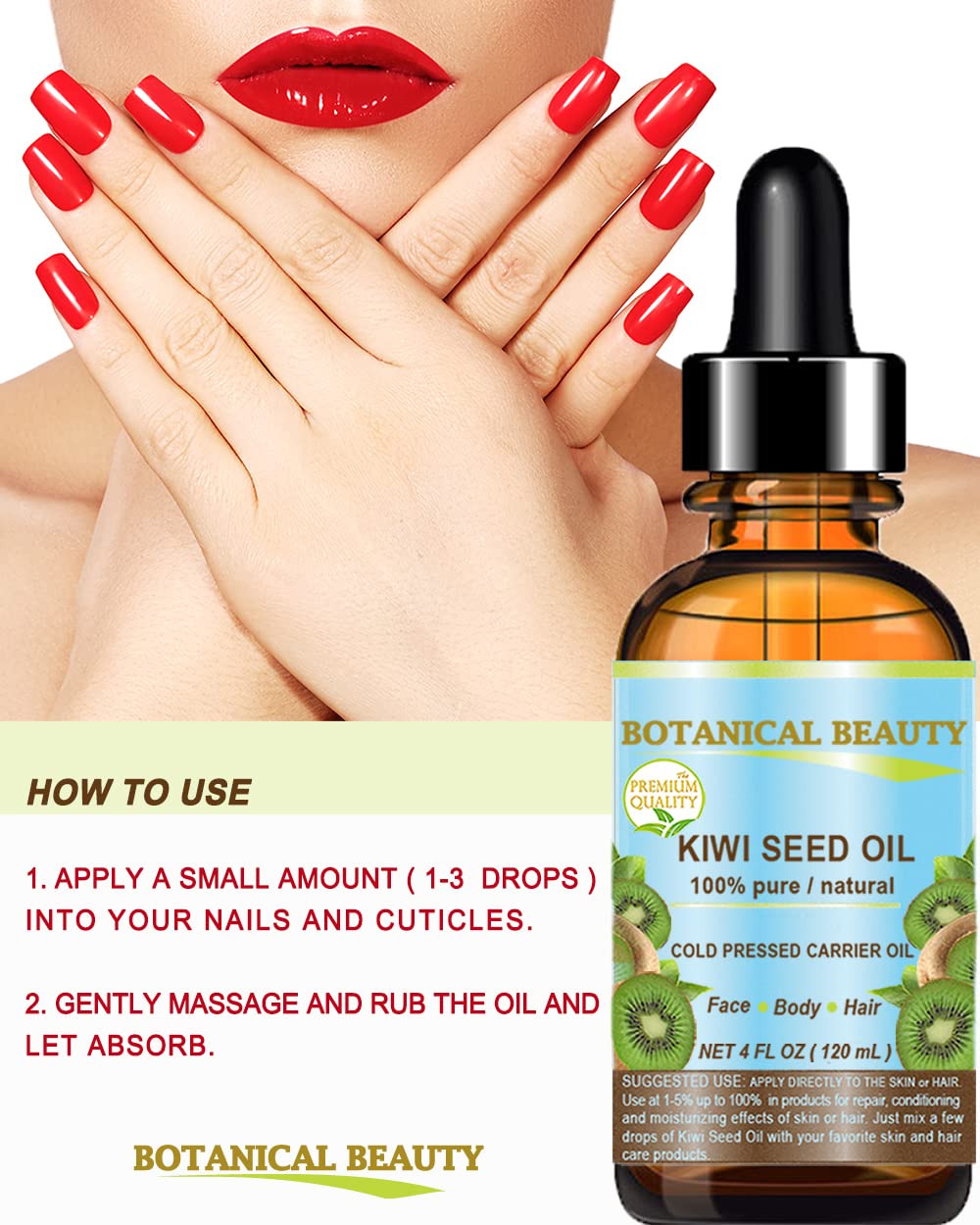 Botanical Beauty Kiwi Seed Oil – 100% Pure Cold-Pressed Carrier Oil for Face, Skin, Hair, Nails (0.5 oz)
