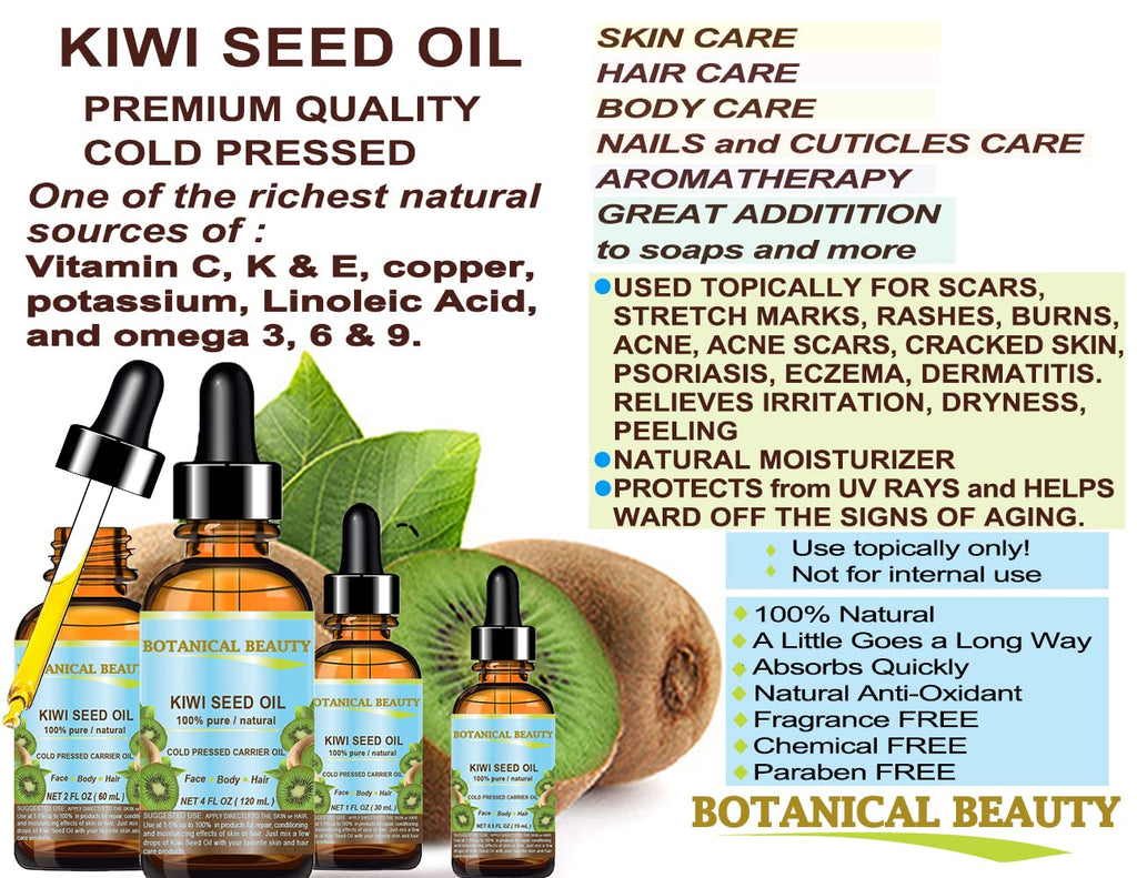 Botanical Beauty Kiwi Seed Oil – 100% Pure Cold-Pressed Carrier Oil for Face, Skin, Hair, Nails (0.5 oz)