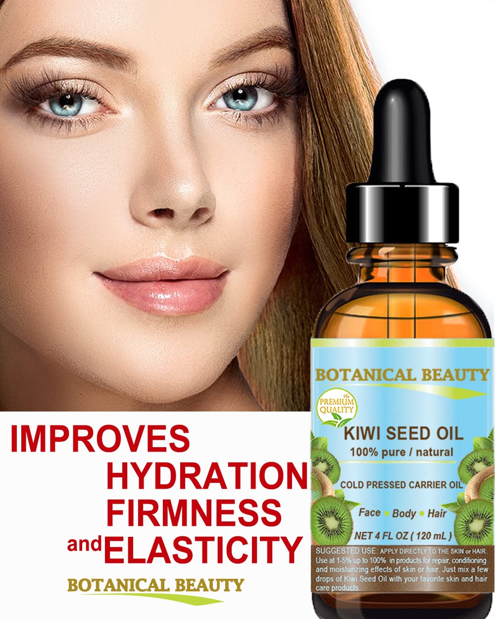 Botanical Beauty Kiwi Seed Oil – 100% Pure Cold-Pressed Carrier Oil for Face, Skin, Hair, Nails (0.5 oz)