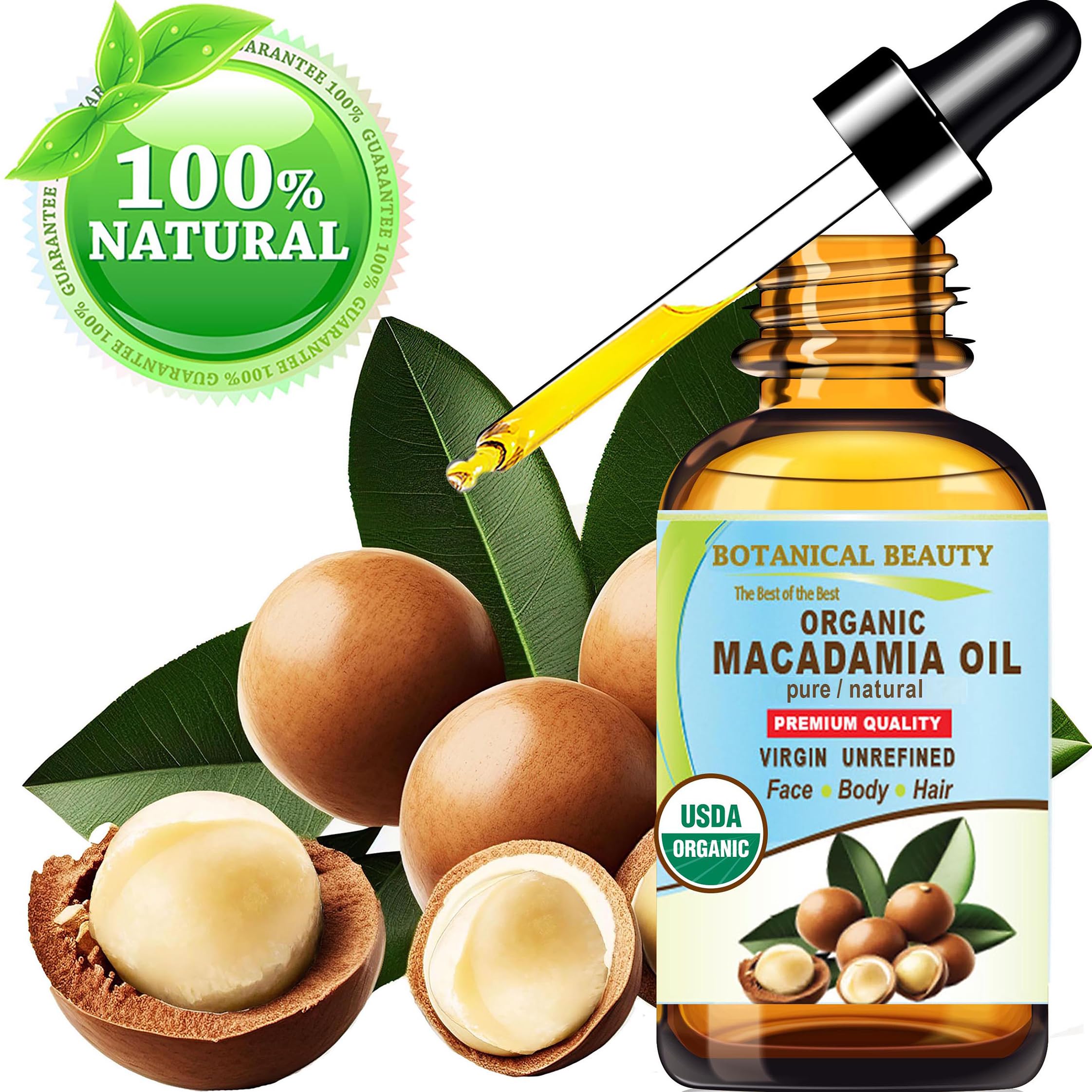 Botanical Beauty Organic Macadamia Oil – 100% Pure Virgin Cold-Pressed Carrier Oil (4 oz)