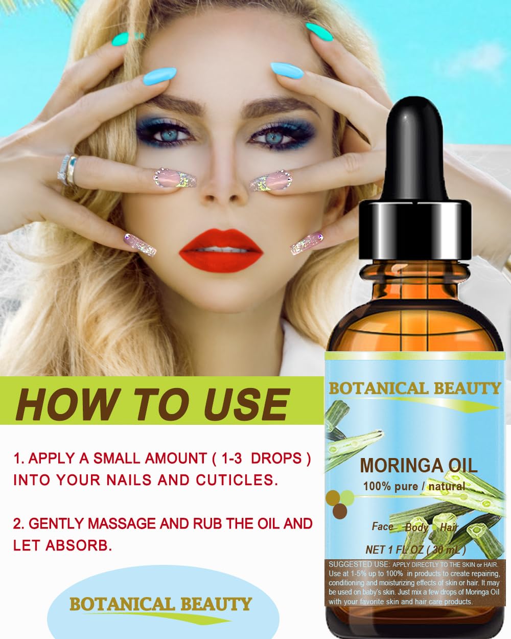 Botanical Beauty Moringa Oil – 100% Pure Cold-Pressed Carrier Oil for Face, Skin, Hair, Nails (1 oz)