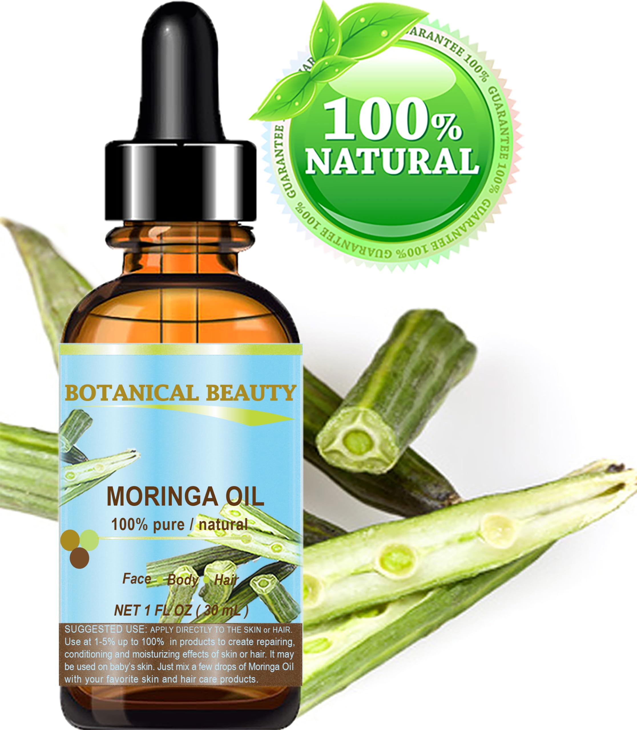 Botanical Beauty Moringa Oil – 100% Pure Cold-Pressed Carrier Oil for Face, Skin, Hair, Nails (1 oz)