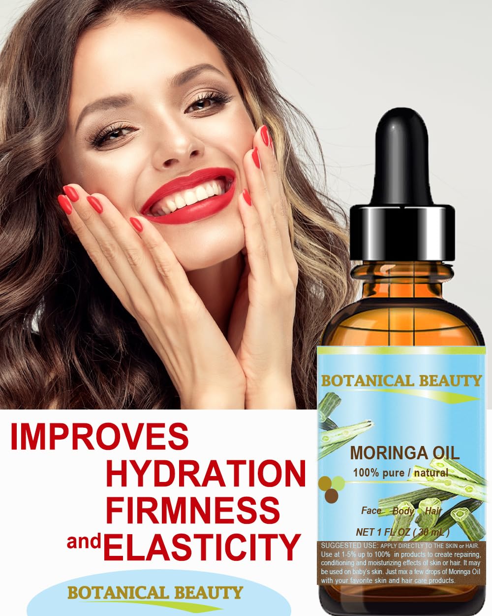 Botanical Beauty Moringa Oil – 100% Pure Cold-Pressed Carrier Oil for Face, Skin, Hair, Nails (1 oz)