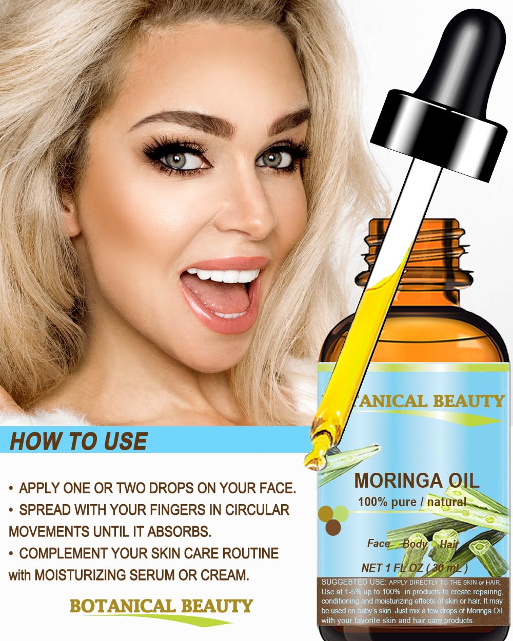 Botanical Beauty Moringa Oil – 100% Pure Cold-Pressed Carrier Oil for Face, Skin, Hair, Nails (1 oz)