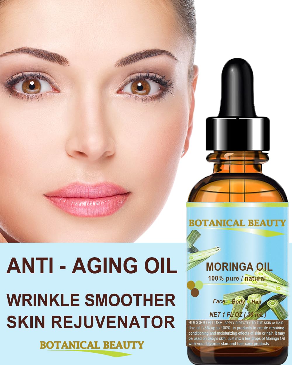 Botanical Beauty Moringa Oil – 100% Pure Cold-Pressed Carrier Oil for Face, Skin, Hair, Nails (1 oz)