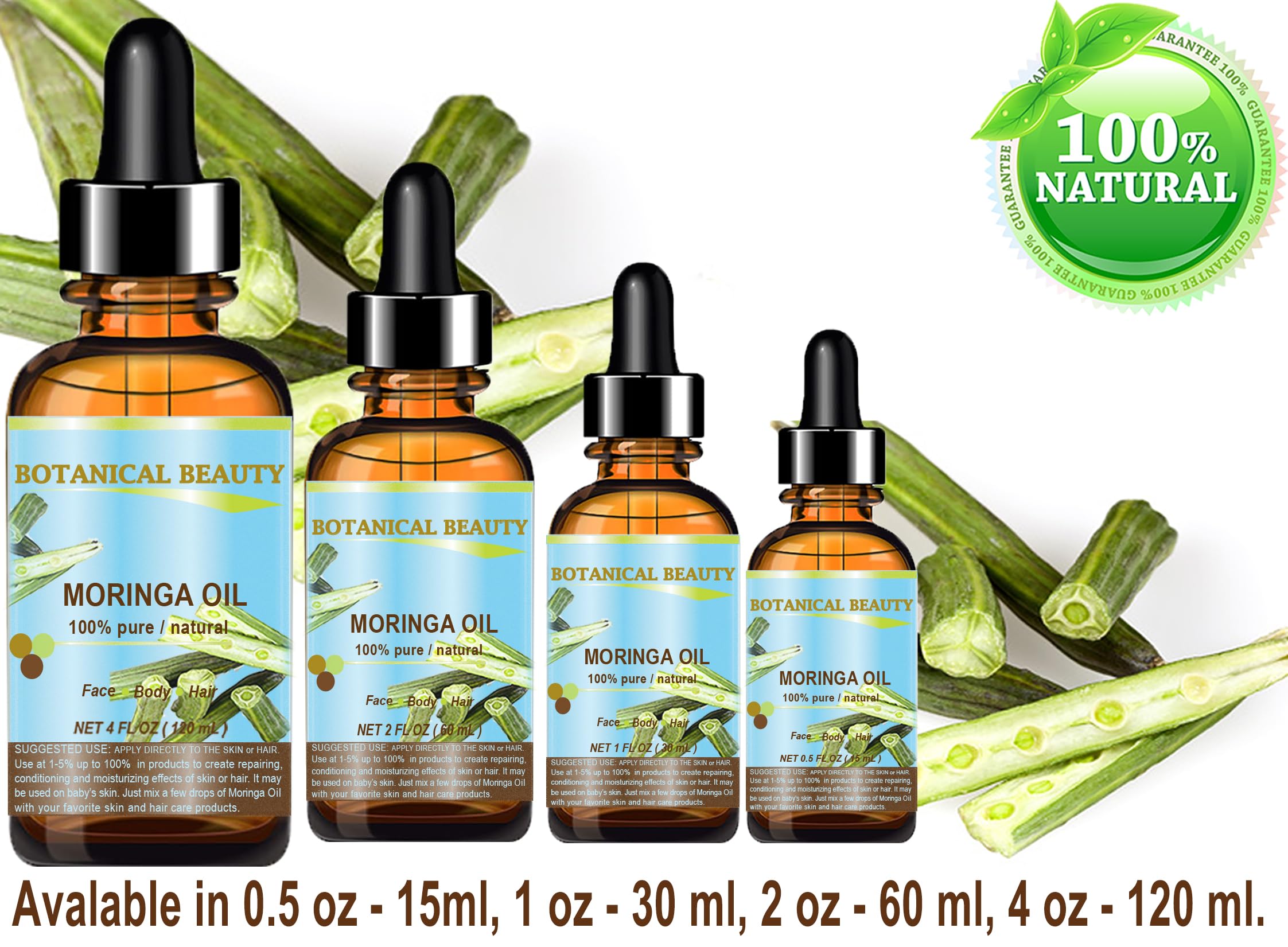 Botanical Beauty Moringa Oil – 100% Pure Cold-Pressed Carrier Oil for Face, Skin, Hair, Nails (1 oz)
