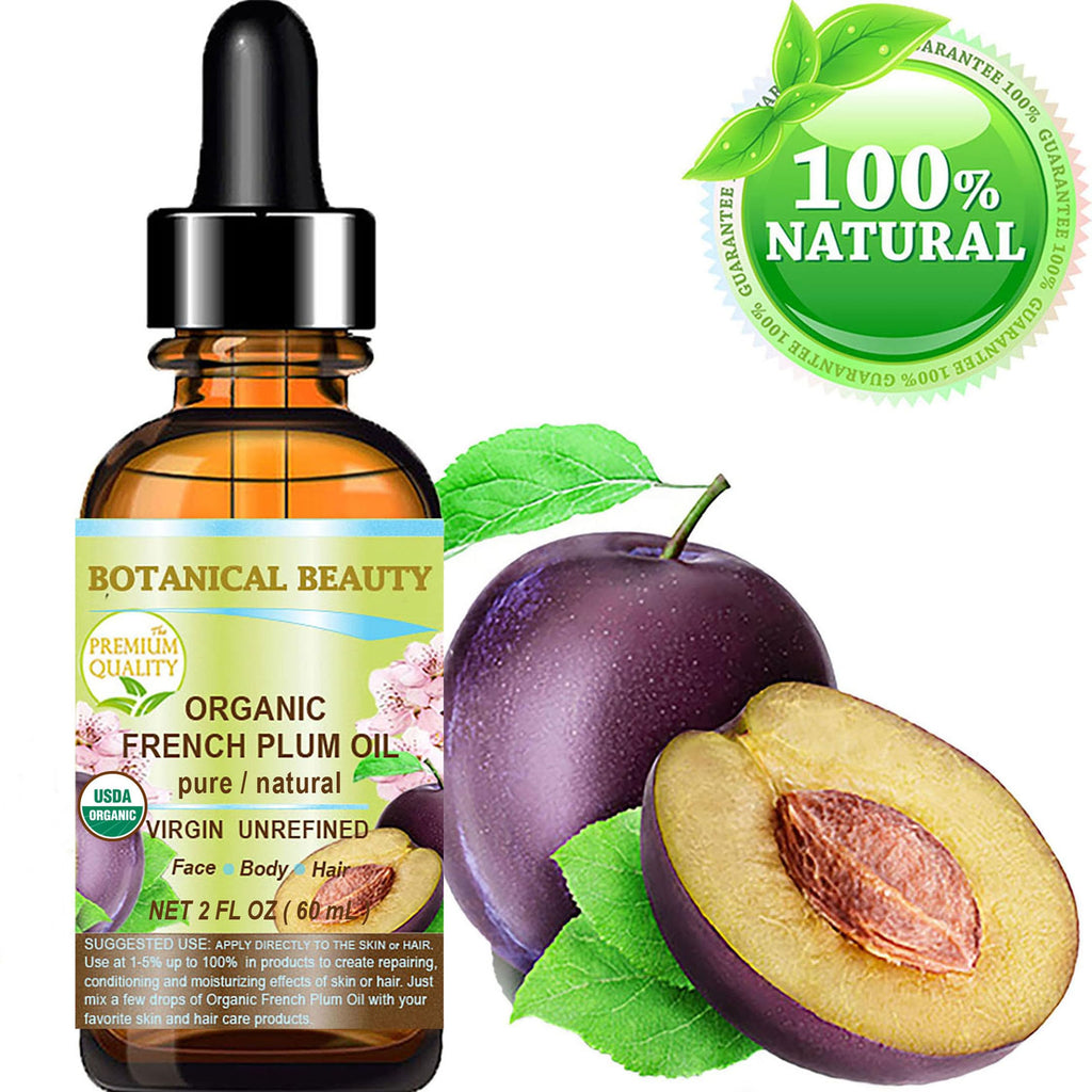 Botanical Beauty Organic French Plum Oil – 100% Pure Virgin Cold-Pressed Carrier Oil (2 fl oz) for Face, Skin, Hair