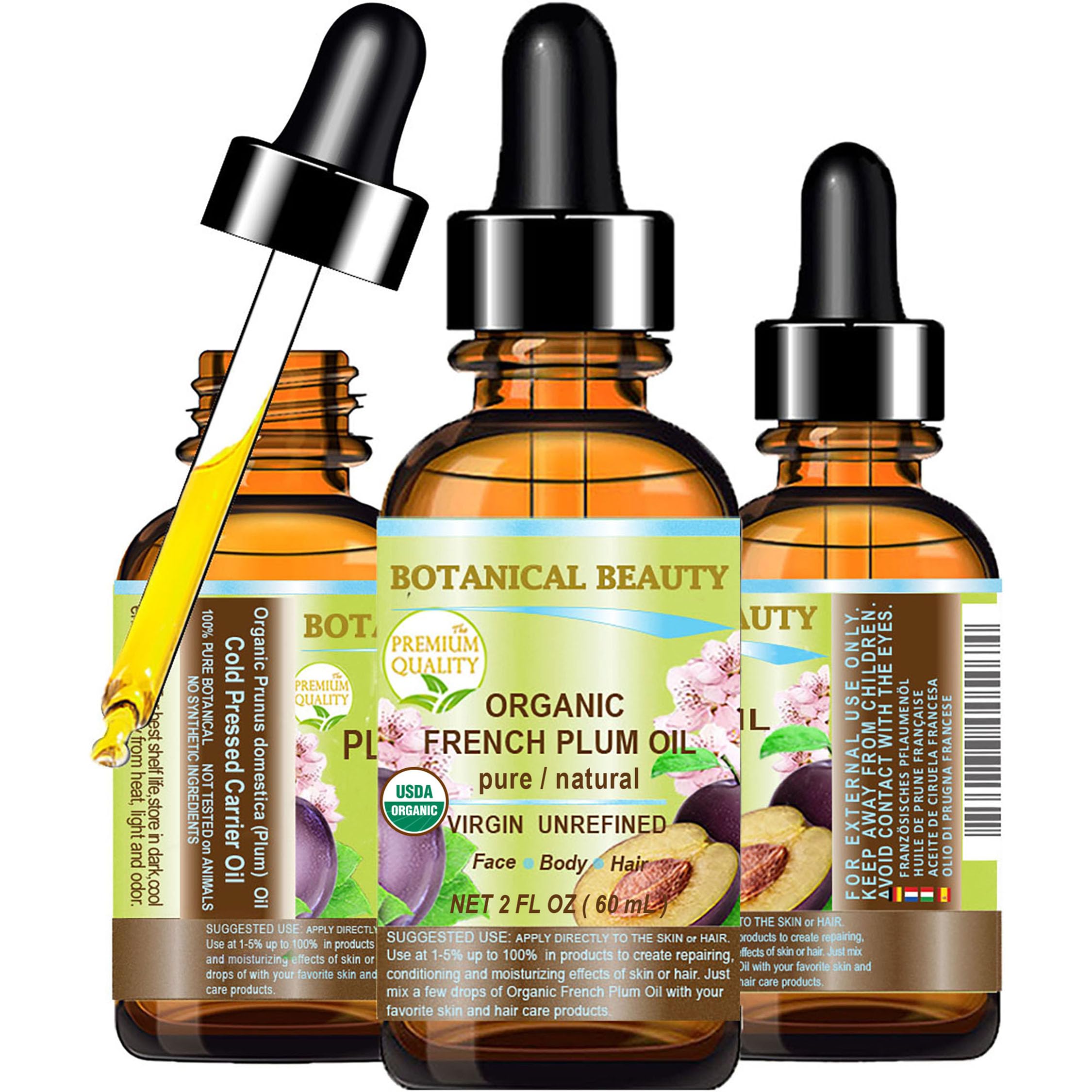 Botanical Beauty Organic French Plum Oil – 100% Pure Virgin Cold-Pressed Carrier Oil (2 fl oz) for Face, Skin, Hair