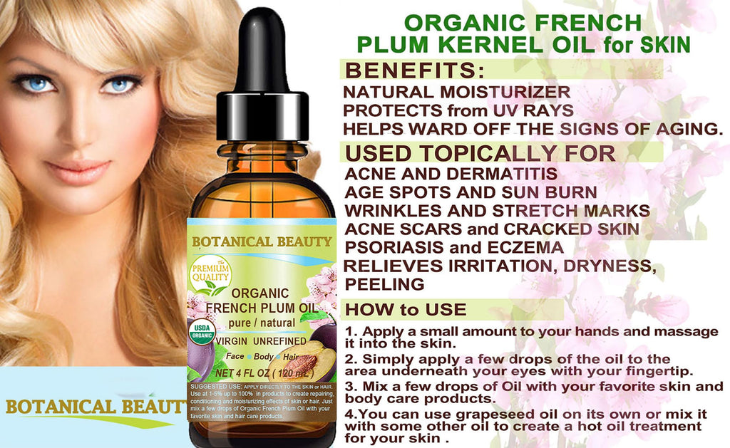 Botanical Beauty Organic French Plum Oil – 100% Pure Virgin Cold-Pressed Carrier Oil (2 fl oz) for Face, Skin, Hair