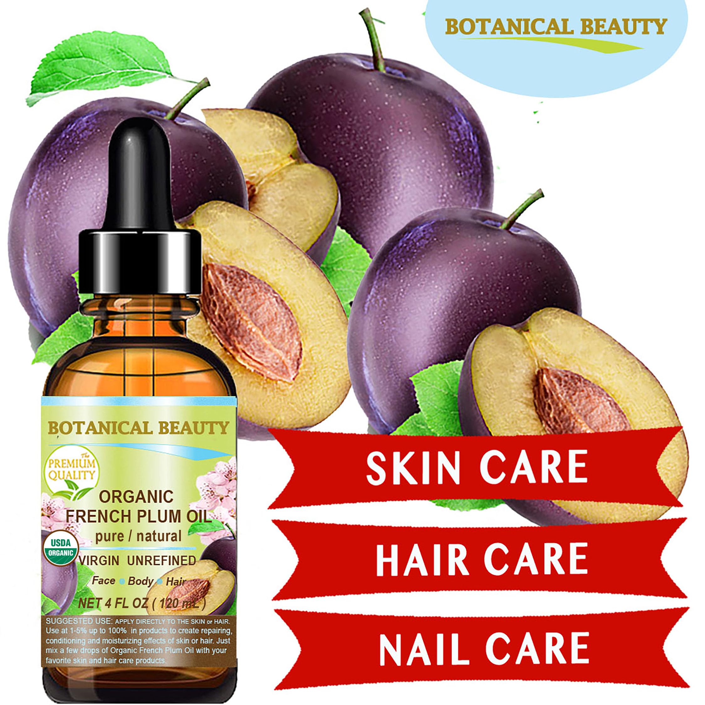 Botanical Beauty Organic French Plum Oil — 100% Pure, Cold-Pressed Carrier Oil for Face, Skin & Hair