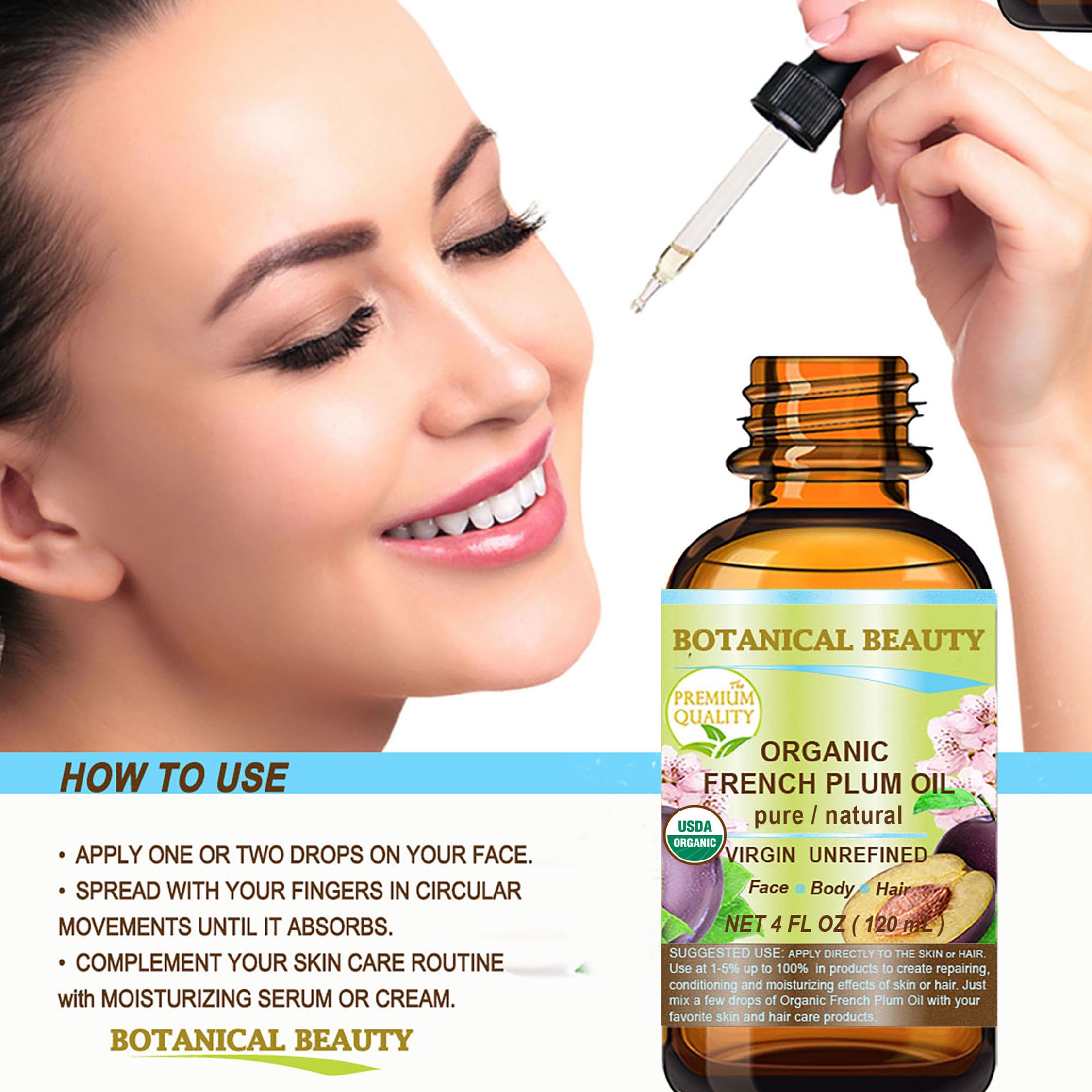 Botanical Beauty Organic French Plum Oil – 100% Pure Virgin Cold-Pressed Carrier Oil (2 fl oz) for Face, Skin, Hair